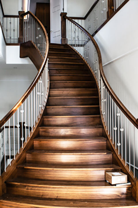 Beautiful Wooden Curved Stairs | Metal Spindles with Knuckle