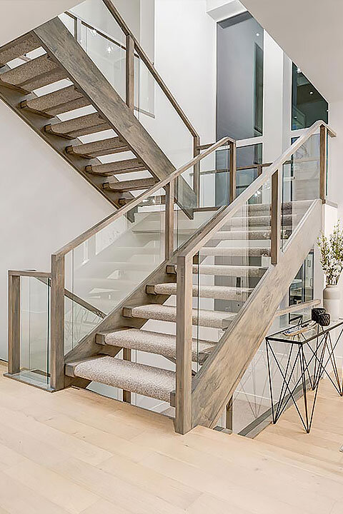 Distressed Wood Open Riser Stairs | Wood-Capped Glass