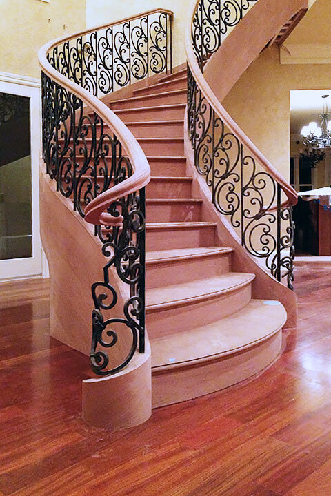 Classic Tuscan | Curved Staircase with Convex Treads | Designer Foot with Declining Rail