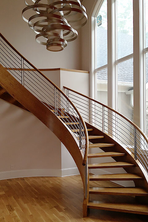 Freestanding Curved Staircase | Open Riser Wood Treads
