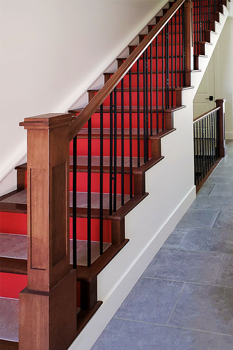Wood Frame Spindles | Tile Tread with Red Carpet